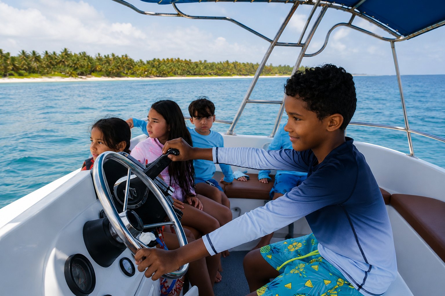 Kids and families enjoying a catamaran adventure in Punta Cana with snorkeling, banana boat rides, water slide and Caribbean fun