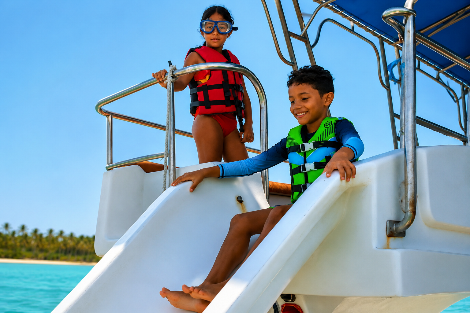 Kids and families enjoying a catamaran adventure in Punta Cana with snorkeling, banana boat rides, water slide and Caribbean fun
