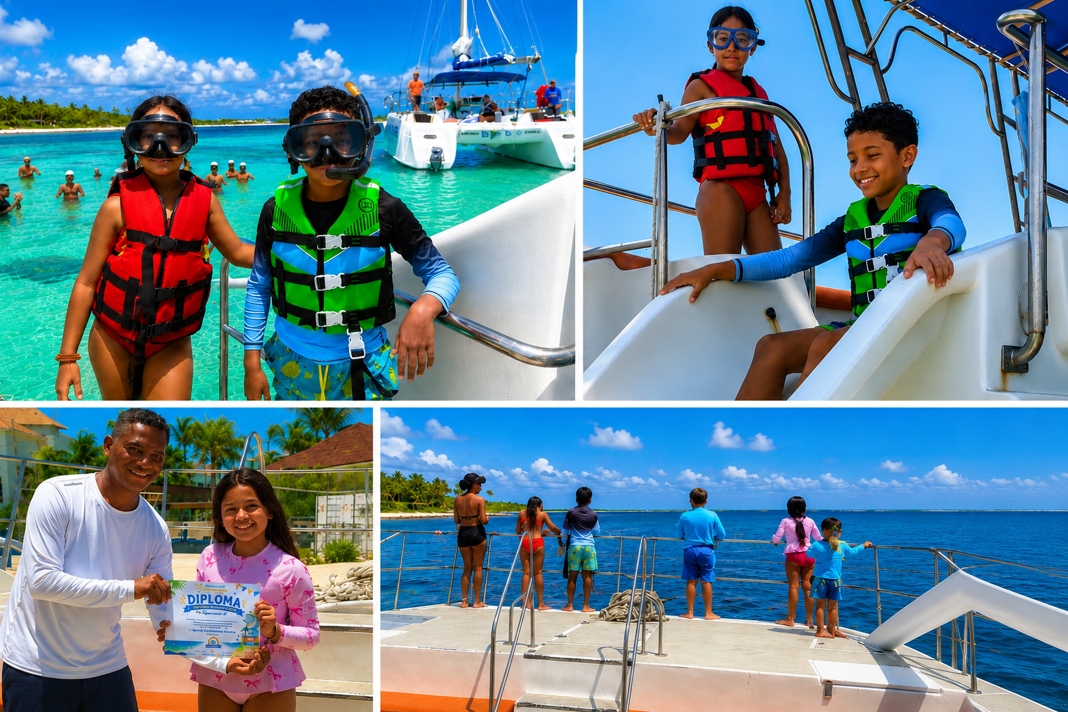 Kids and families enjoying a catamaran adventure in Punta Cana with snorkeling, banana boat rides, water slide and Caribbean fun