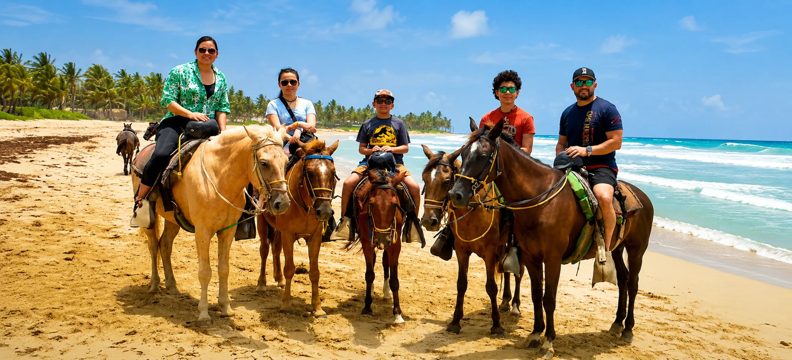 Family enjoying a guided horseback riding tour along the beautiful shoreline of Macao Beach in Punta Cana, Dominican Republic.