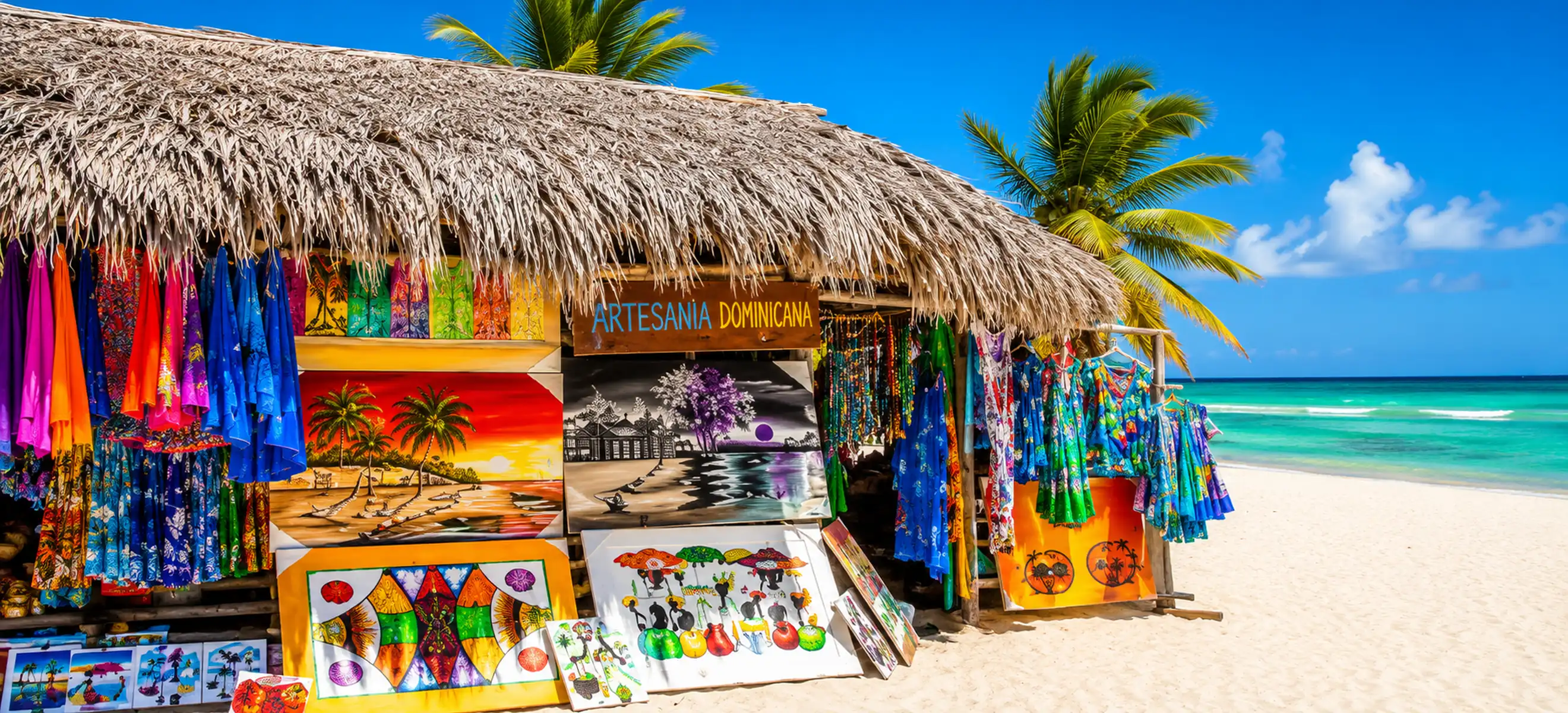 Traditional Dominican artisan beach shop in Punta Cana displaying colorful handmade paintings, tropical clothing, souvenirs, and local crafts beside a white sand Caribbean beach.