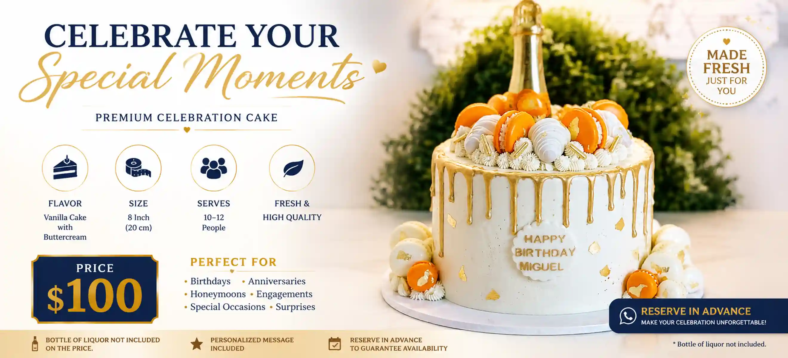 Luxury white celebration cake with gold drip decoration, macarons, champagne bottle, and personalized birthday message available in Punta Cana through Punta Cana Best Excursions. 