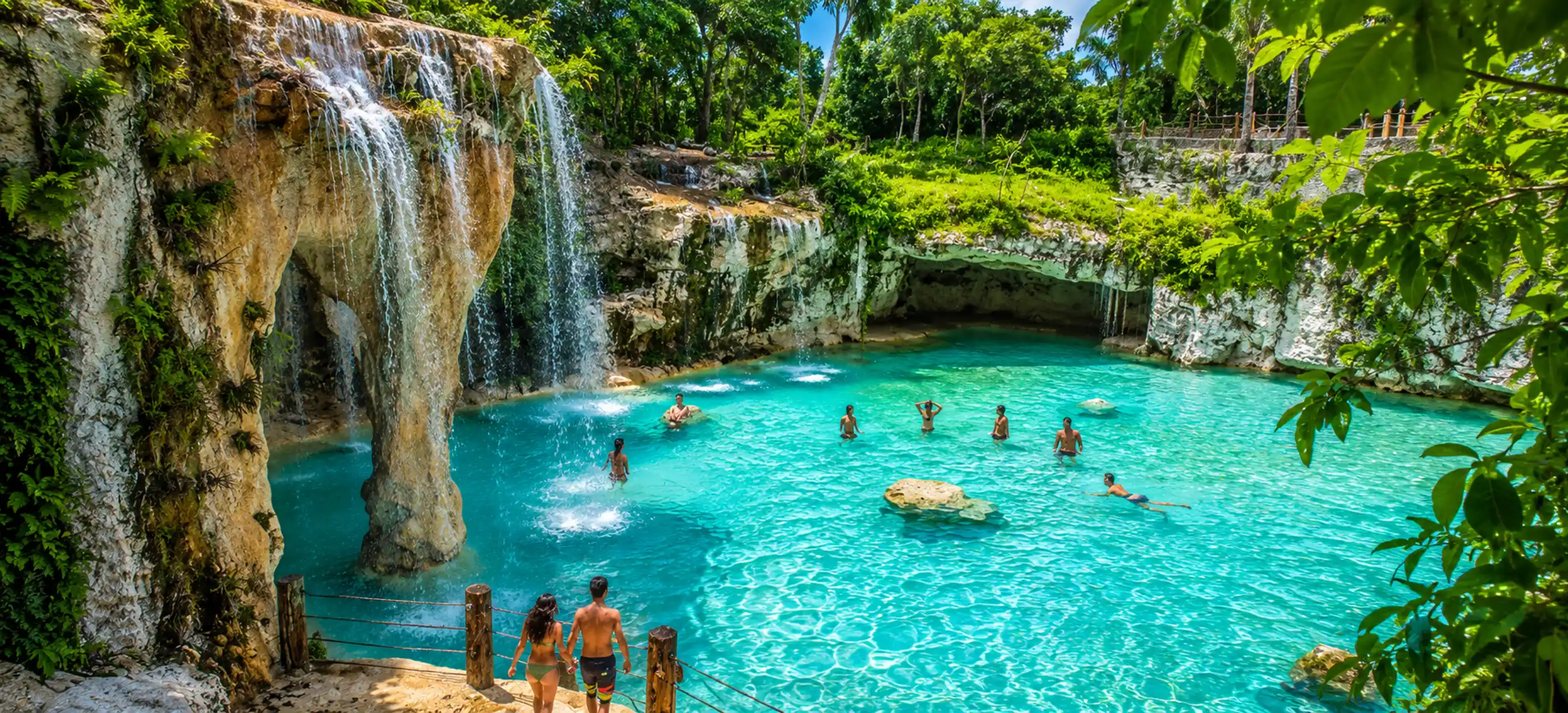 Visitors swimming in the crystal-clear turquoise waters of Hoyo Azul Cenote beneath a tropical waterfall at Scape Park Cap Cana in Punta Cana, Dominican Republic.