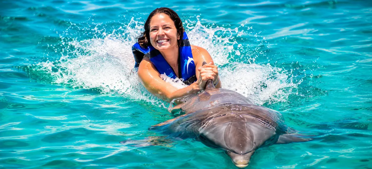 Guest enjoying the exciting dolphin belly ride in Punta Cana